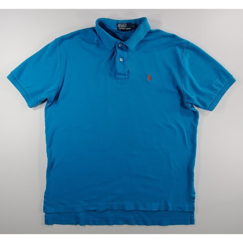 Polo Ralph Lauren Pique Polo Mens Large Blue Custom Fit Orange Pony Preppy